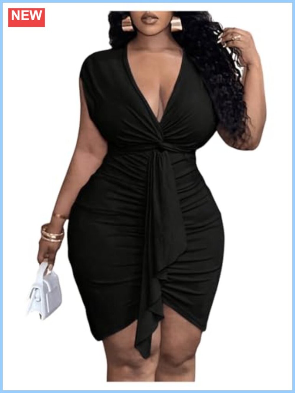 Plus Size V Neck Bodycon Mini Dress Twist Front Ruffle Party Club
